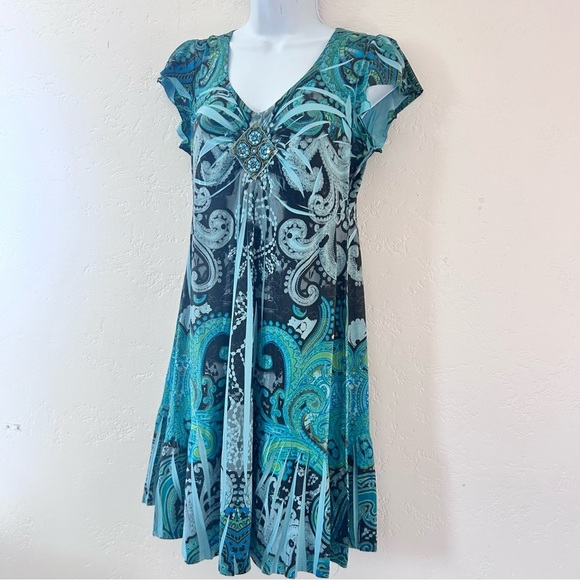 Y2K Green Paisley Butterfly Fairy Flutter Dress Sz P Small Beaded V-neck APT 9 - Picture 6 of 12